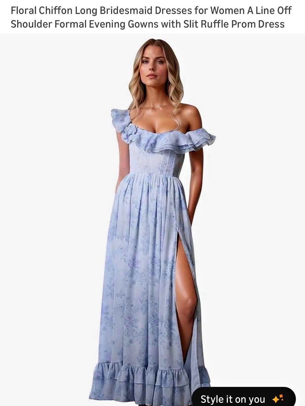 NWT Floral Off-Shoulder Ruffle Chiffon Maxi Dress - Light Blue size 8